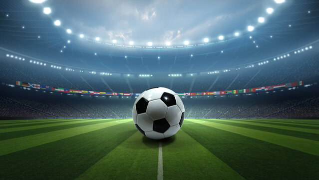 Soccer ball on the pitch with national flags in stadium at night. An imaginary stadium is modelled and rendered.