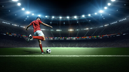 Obraz premium Close-up of Soccer Player Kicking Ball in 3D Stadium with National Flags - 2026 Tournament Concept