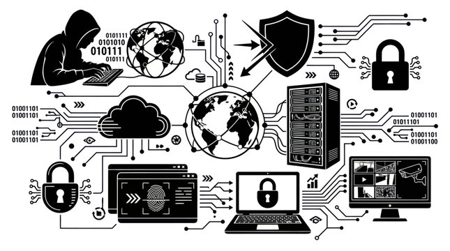 Cybersecurity Technology Icons: Hacker, Server, Lock, Shield, Network, Data, Cloud