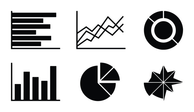 Set of 6 Black Graphic Icons: Bar Charts, Line Graphs, Pie Charts, Radial Charts, Data Visualization Elements for Business Analytics and Reporting
