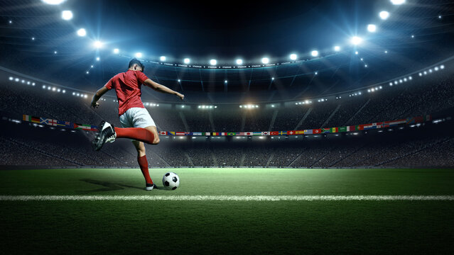Close-up of Soccer Player Kicking Ball in 3D Stadium with National Flags - 2026 Tournament Concept