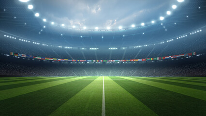 Fototapeta premium National flags in football stadium at night. An imaginary stadium is modelled and rendered.