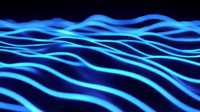 Glowing Blue Lines on Dark Background in Wave Pattern