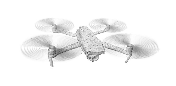 Drone. Abstract 3d drone isolated on white. Military technology, aerial monitoring, futuristic videography, security innovation, remote video, digital tech, quadcopter concept. Polygonal illustration.