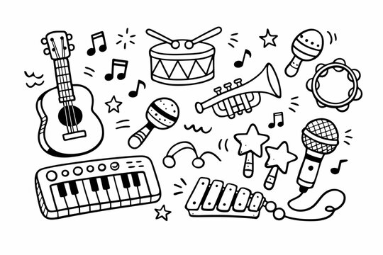 Hand Drawn Doodle Collection of Toy Musical Instruments and Playthings in Black and White Outline Style Featuring Guitar, Drum, Piano, Trumpet, Microphone, Xylophone, Maracas, and Music Notes.