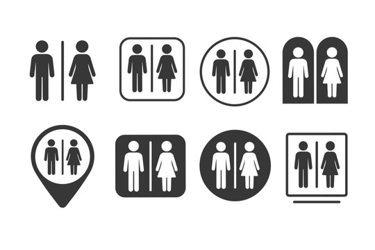 Set of Toilet and Restroom Icons with Male and Female Symbols. WC Bathroom Signs in Various Shapes like Circle, Square, and Location Pin. Simple Flat Vector Illustration for Public Facilities.