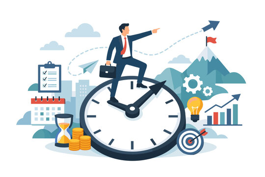 Businessman Standing on Large Clock Pointing Towards Success and Goals, Time Management and Deadline Concept with Mountain, Target, Calendar, and Financial Growth Icons for Business Strategy.