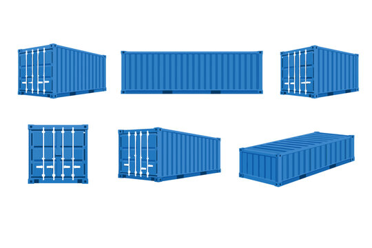 Vector Set of Blue Cargo Shipping Containers in Different Perspectives, Including Front, Side, and Isometric Views. Clean Flat Illustration Isolated on White for Logistics and Transport Design.