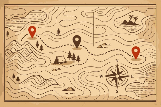 Vintage Topographic Map Vector Illustration with Retro Navigation Pin Markers, Compass Rose, Mountains, Island, and Camping Tent on Old Paper Texture Background for Adventure Travel Design