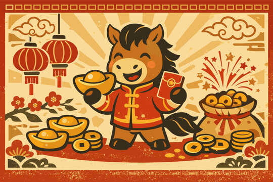 Vintage Chinese New Year Poster Design with a Cute Cartoon Horse Character in Traditional Red Clothing Holding Gold Sycee and Red Envelope, Surrounded by Lucky Coins, Lanterns, and Fireworks.