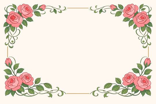 Elegant Art Nouveau Style Floral Border with Pink Roses and Green Leaves, Vintage Decorative Corner Frame with Delicate Vines for Wedding Invitations, Greeting Cards, and Retro Background.