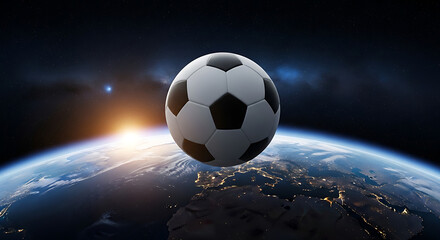 Fototapeta premium A soccer ball floats in space above the Earth during a beautiful sunset