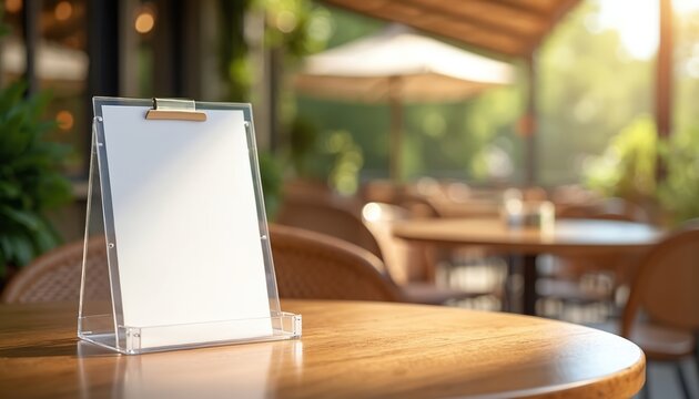 Blank menu card holder sits on wooden table in outdoor cafe. Acrylic stand displays white paper for text. Blurred restaurant seating area with chairs and umbrellas in background.