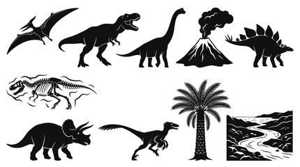 Fototapeta premium Prehistoric Dinosaurs and Ancient Landscape Icons - Black and White Silhouette Set
