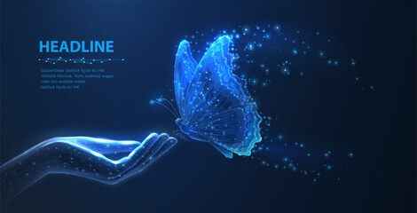 Butterfly. Abstract closeup vector butterfly insect isolated on blue background. Free dream, wildlife nature, creative fantasy fredom, idea inspiration concept. Beautiful environment, flying symbol © NeonGridStudio