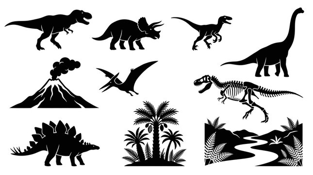 Prehistoric Dinosaur  Landscape Silhouette Icons Set - Ancient Animals  Nature