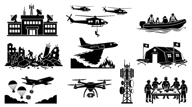 Emergency Services Disaster Relief Rescue Operations Black  White Glyph Icon Set