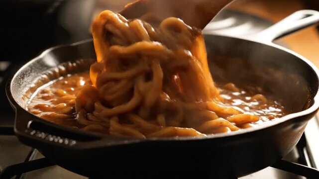 A close-up shot of thick, chewy noodles being stirred in a rich, savory sauce within a cast-iron skillet on a stovetop.