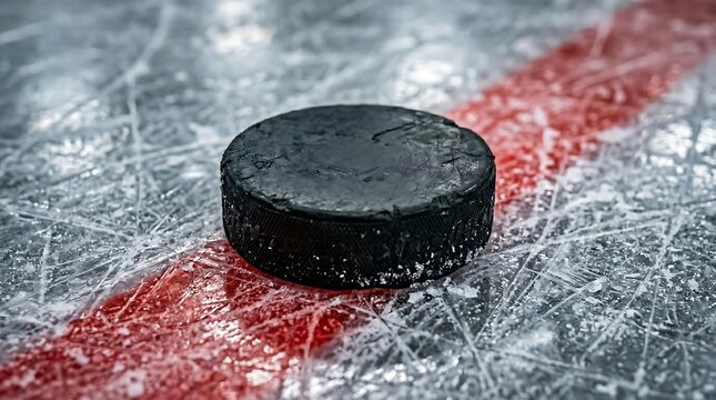 Hockey puck lies on ice rink with red line and scratches visible
