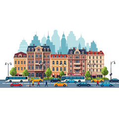 Fototapeta premium Urban City Street with Classic Buildings, Cars, Buses, and Pedestrians - Vector Illustration