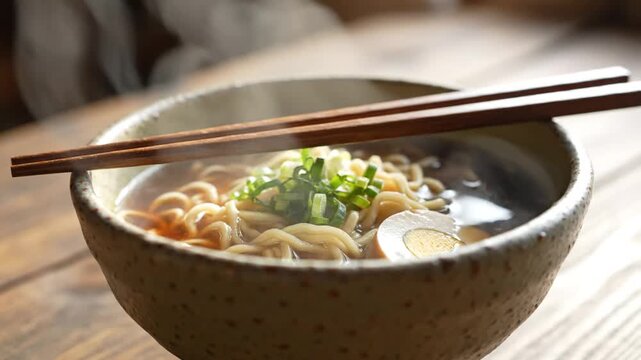 A steaming bowl of delicious ramen noodles with chopsticks resting on top, garnished with green onions and a soft-boiled egg.