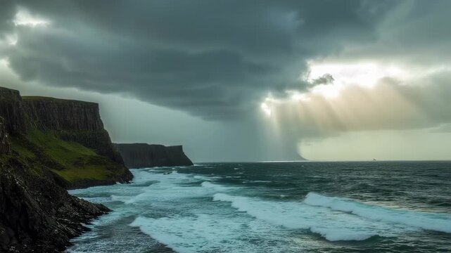 Sunlight breaking through clouds over Irish coastline