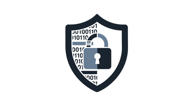 Digital security shield with lock and code.