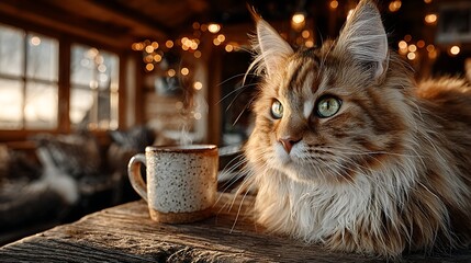Naklejka na ściany i meble Fluffy cat sitting beside steaming coffee cup on rustic wooden table images