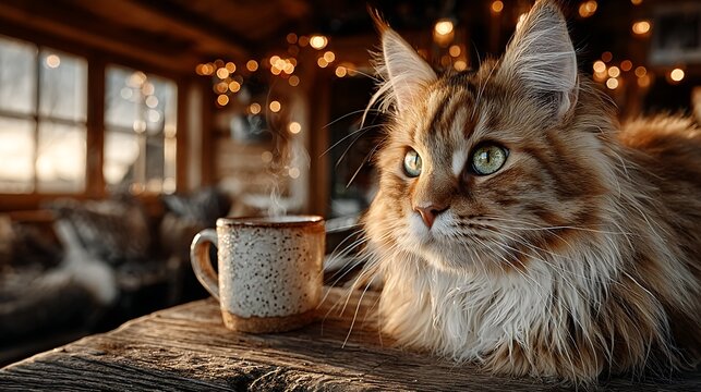 Fluffy cat sitting beside steaming coffee cup on rustic wooden table images