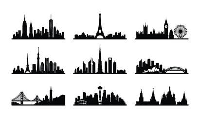 Obraz premium Global City Skylines Silhouette Collection, Iconic Landmarks Vector Set, Urban Architecture Design Elements for Travel and Business Concepts