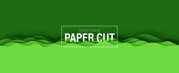 Obraz premium Paper cut border with 3D slime abstract background and green waves layers. Abstract layout design template for eco brochure or environment flyer. Papercut banner carving waving layered shape vector.