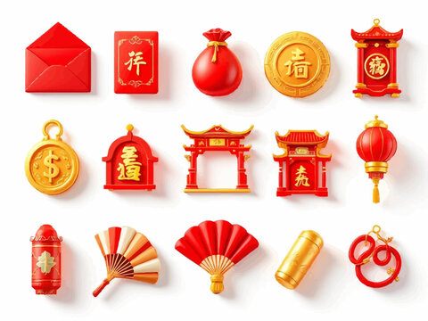 3D render of Chinese New Year icon set featuring red envelope, lantern, drum, coin, and gold ingot in cute clay style. Bright festive colors on clean background