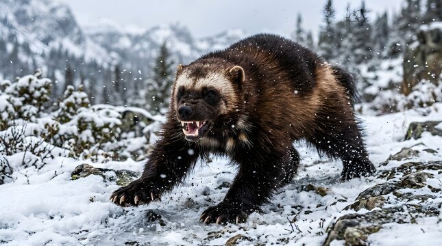 Wolverine in snowy mountainous landscape showcasing fierce wildlife