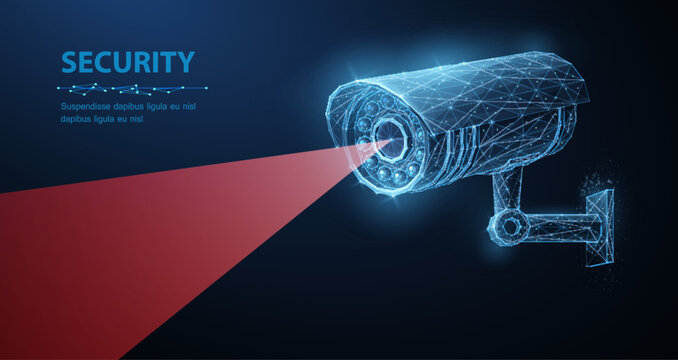 Security camera. Vector low pole illustration. Isolated on blue. Security system, smart home, cctv concept.