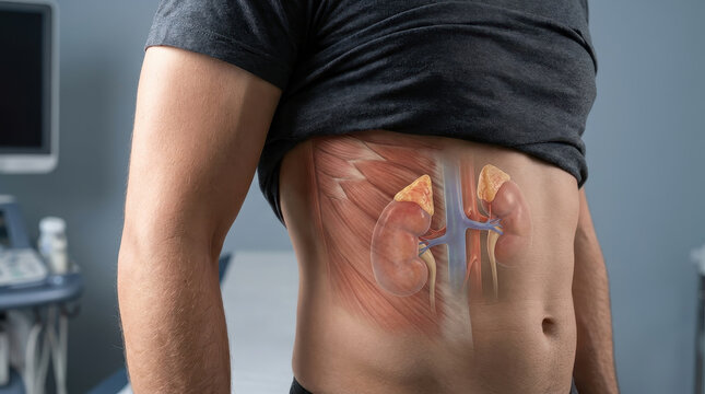 Male abdomen kidney adrenal anatomy medical healthcare hormone men hormonal balance concept clinic setting adult male torso with transparent anatomy overlay showing kidney and adrenal gland