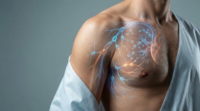 Male chest shoulder muscle anatomy hormone health men hormonal balance. Male torso with exposed chest and shoulder showing muscle anatomy and glowing nerve network concept men hormonal balance