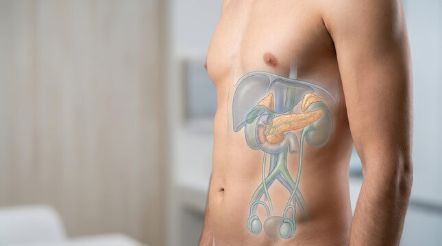 Male anatomy urinary system hormone prostate health men hormonal balance supports prostate health and urinary system function with anatomical overlay male torso clean clinical interior setting