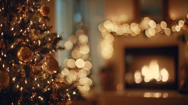 4.Cozy Christmas eve ambiance with blurred silhouettes of ornaments on a tall tree, golden fairy lights creating layered bokeh circles, and a softly glowing fireplace adding depth and warmth to the