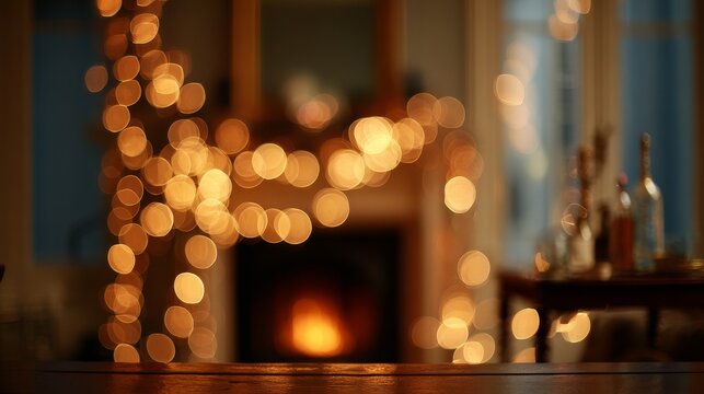 5.Elegant holiday home setting with defocused Christmas lights creating a cascade of warm golden bokeh beside the subtle orange flicker of a fireplace, blending into a serene and dreamy evening