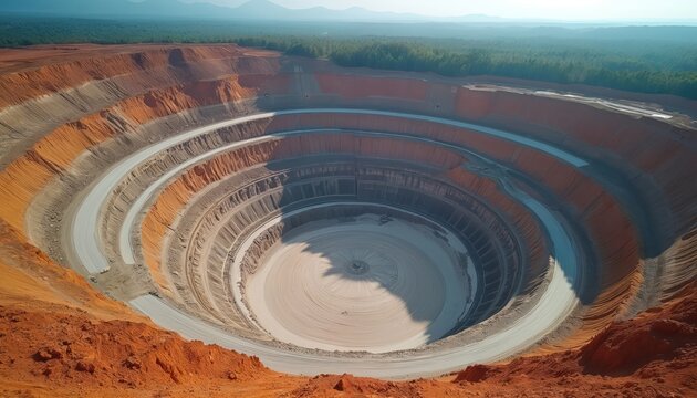 Aerial view of vast open-pit mine site. Earth layers show excavation for raw materials extraction. Industrial quarry operations create large crater.