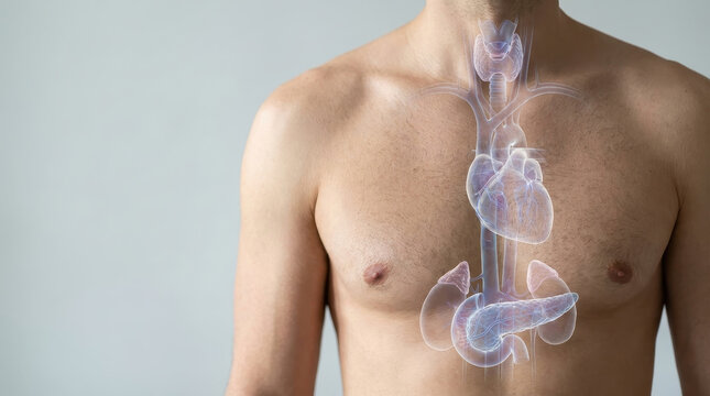 Male torso anatomy endocrine hormone thyroid men hormonal balance concept with male torso anatomy overlay showing endocrine organ thyroid pancreas adrenal gland neutral background for healthcare
