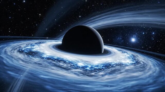 An artist's impression of a black hole with a swirling accretion disk of superheated gas and dust, set against a backdrop of stars and nebulae in deep space.