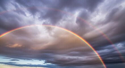Naklejka premium Spectacular Double Rainbow Arching Across a Dramatic Stormy Sky After Rainfall, Nature's Vibrant Display