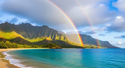 Naklejka premium Majestic tropical paradise beach featuring a vibrant double rainbow over lush green mountains and serene waters