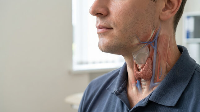 Thyroid neck man anatomy endocrine hormone men hormonal balance concept with closeup neck of man and thyroid gland anatomy overlay clinic setting showing endocrine hormone regulation