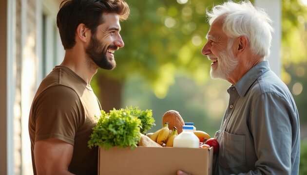 Young man hands box of groceries to smiling elder neighbor. Generous guy gives food supplies to senior man, showing neighborly care and support. Community helpers share goodness outdoors.