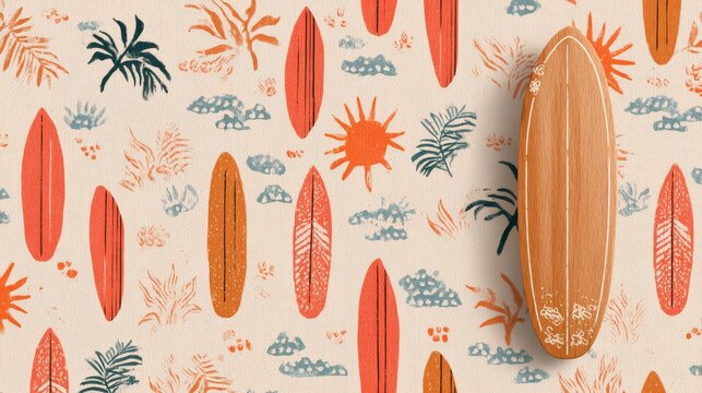 11.Continuous tropical motif with simplified botanical palm elements, playful surfboard shapes, and warm sun emblems, forming an airy and modern seamless pattern suitable for fabric.