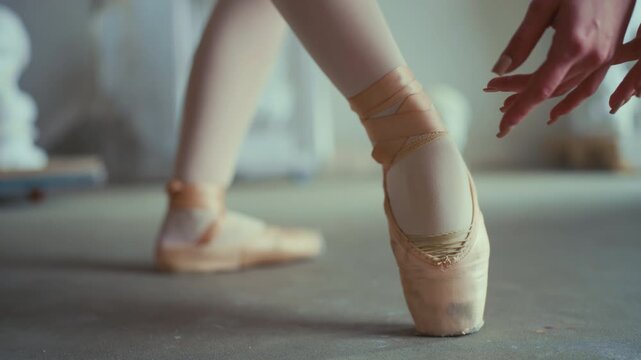 Ballet class in school of arts, closeup view of female feet in pointe shoes. Slow motion, talented ballerina rehearsing and performing classical choreography by amazing music, self-expression, hobby