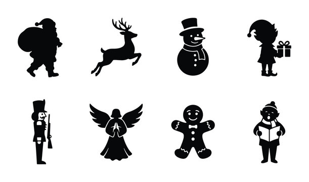 Christmas Silhouette Icons Set, Festive Holiday Vector Graphics Collection: Santa Claus, Reindeer, Snowman, Angel, Gingerbread Man, Nutcracker, Caroler, Gift Bearer