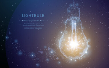 Lightbulb. Polygonal mesh art with crumbled edge on blue night sky with dots, stars and looks like constellation. Idea, electricity, innovation or other concept illustration or background © NeonGridStudio